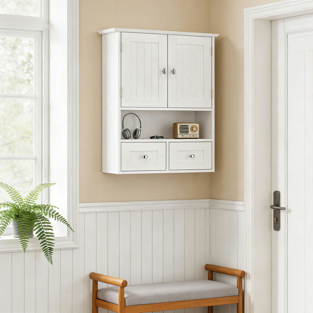 Armoire murale de salle de bain, armoire de toilette, avec portes, étagère, 2 tiroirs, 50,8l x 17,8P x 66H cm, blanc-7