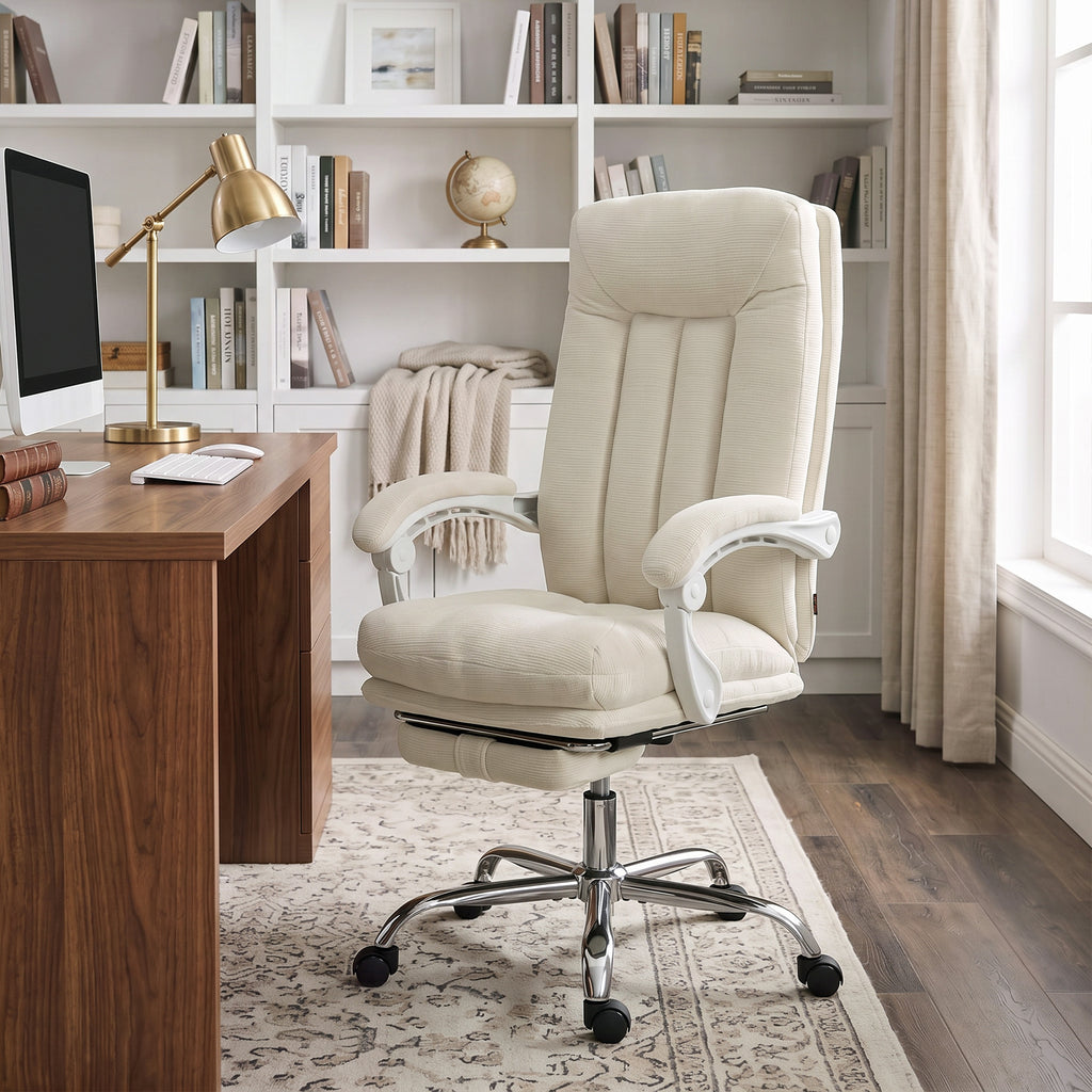 Chaise Bureau Ergonomique, Fauteuil de Bureau Inclinable en Chenille, Hauteur Réglable, Repose-Pieds, Crème-9
