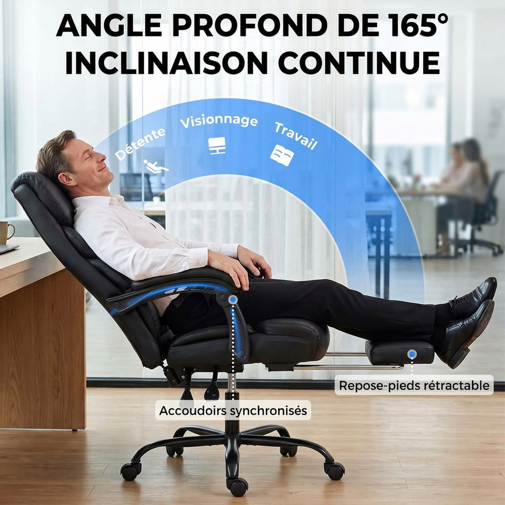 Chaise Bureau Ergonomique Inclinable, Fauteuil de Bureau en PU, Accoudoirs Synchronisés, Hauteur Réglable, Noir-3