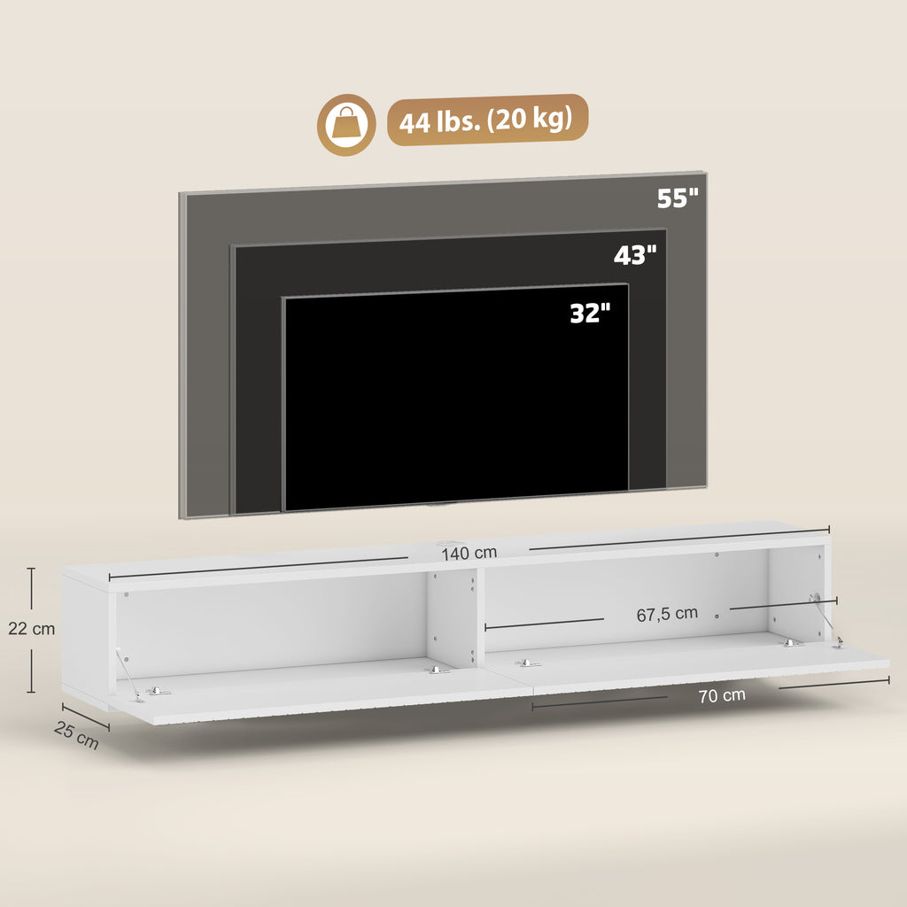 Meuble TV suspendu 140cm, meuble télé pour téléviseur 72 pouces, 2 portes rabattables, 140x25x22cm, blanc-2