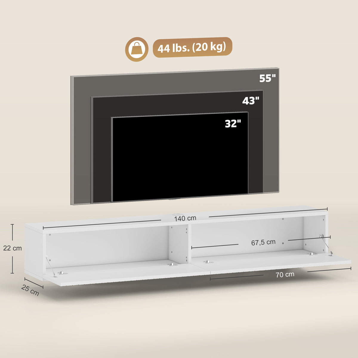 Meuble TV suspendu 140cm, meuble télé pour téléviseur 72 pouces, 2 portes rabattables, 140x25x22cm, blanc-2