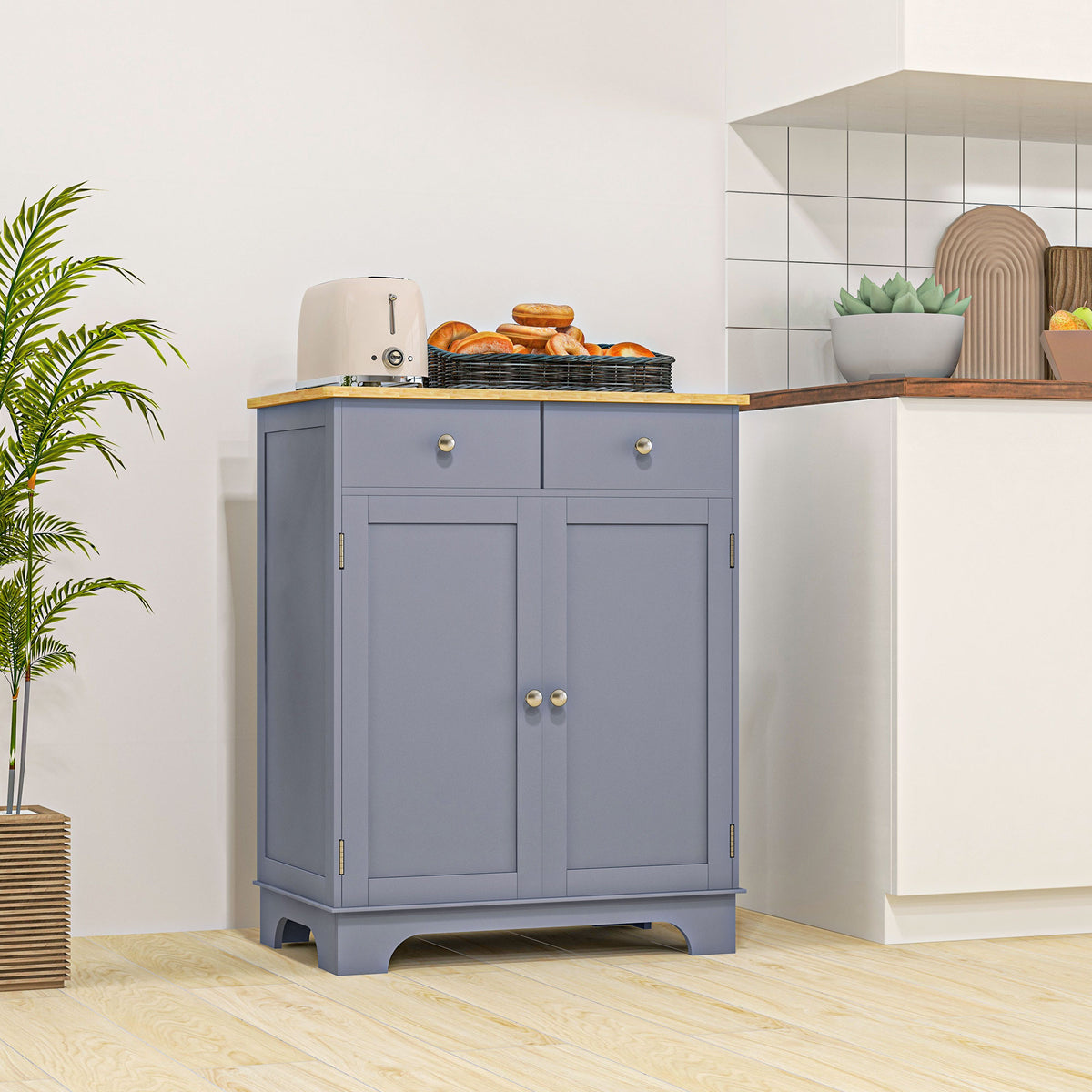 Meuble de rangement buffet salon avec placards, 2 tiroirs et étagères réglables, 68x40,3x85cm, gris et bois naturel-7