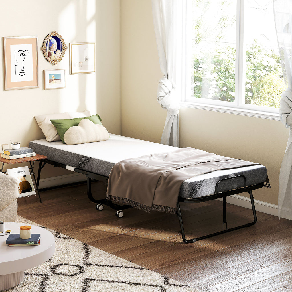 Lit pliant 1 personne 200 x 80 cm avec matelas, lit d'appoint pliable et portable sur roulettes, cadre en acier, blanc-9