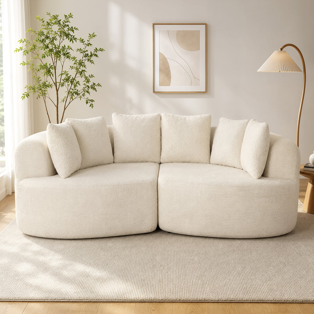 Canapé 3 Places Incurvé en Chenille 188 cm, Canapé Salon avec Assise Profonde, 6 Coussins, Rembourrage Épais, Crème-1