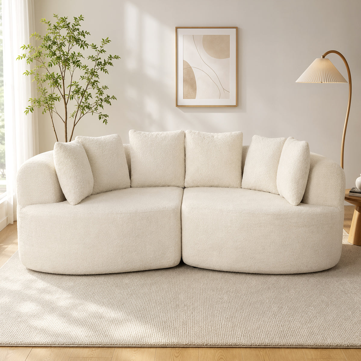 Canapé 3 Places Incurvé en Chenille 188 cm, Canapé Salon avec Assise Profonde, 6 Coussins, Rembourrage Épais, Crème-1