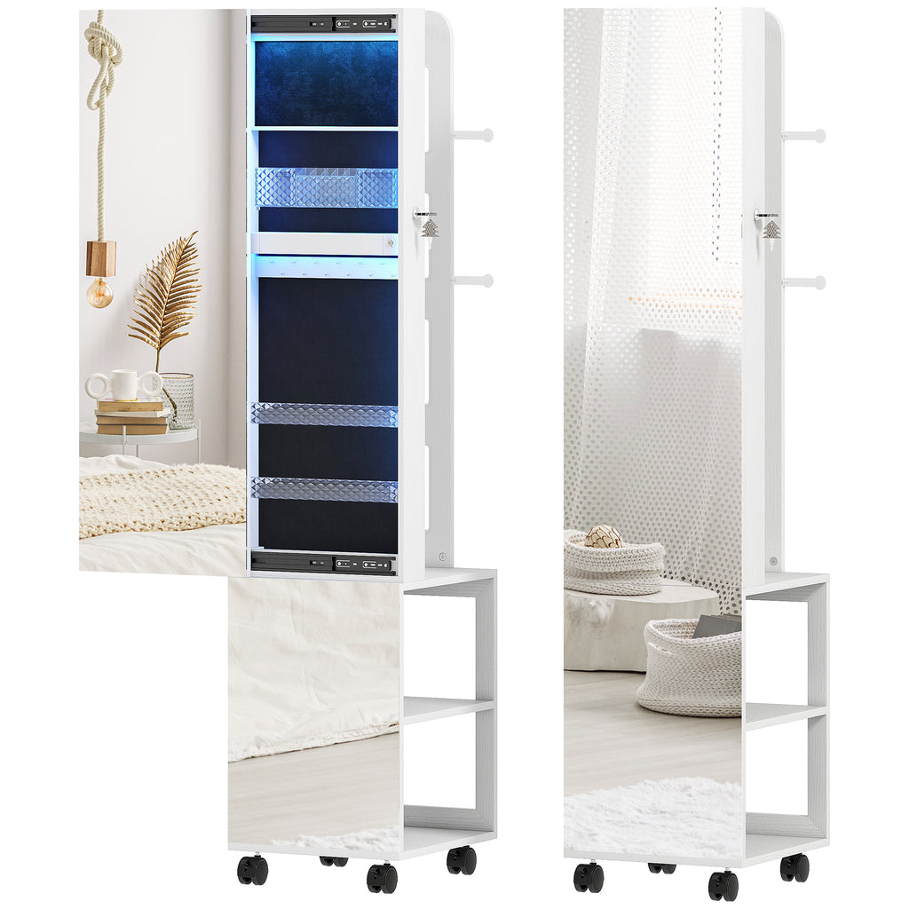 Armoire à bijoux armoire avec miroir sur pied pivotante à 360° éclairage LED 37x40x165,5cm cadre blanc, doublure noire-0