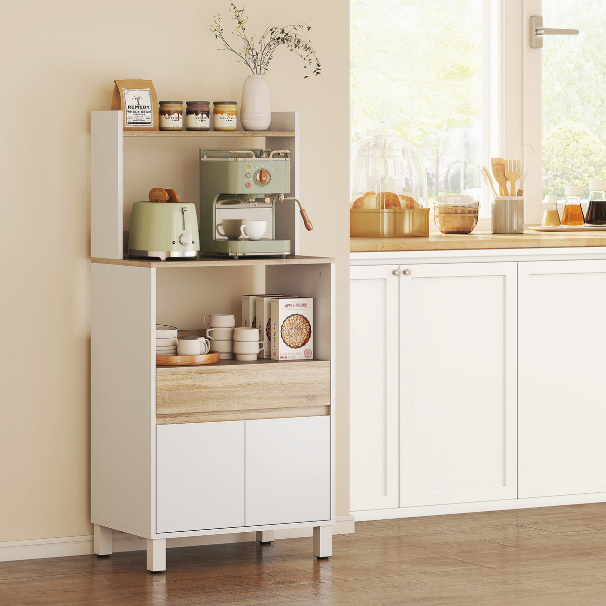 Meuble micro onde, buffet cuisine avec placard tiroir étagère supérieur, 60 x 40 x 131 cm chêne et blanc-7
