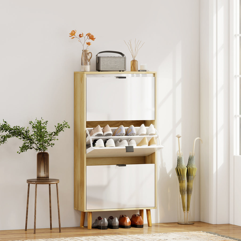 Meuble à chaussures, armoire à chaussures étroite, 3 tiroirs rabattables, porte haute brillante, 60x24x127cm, blanc-1