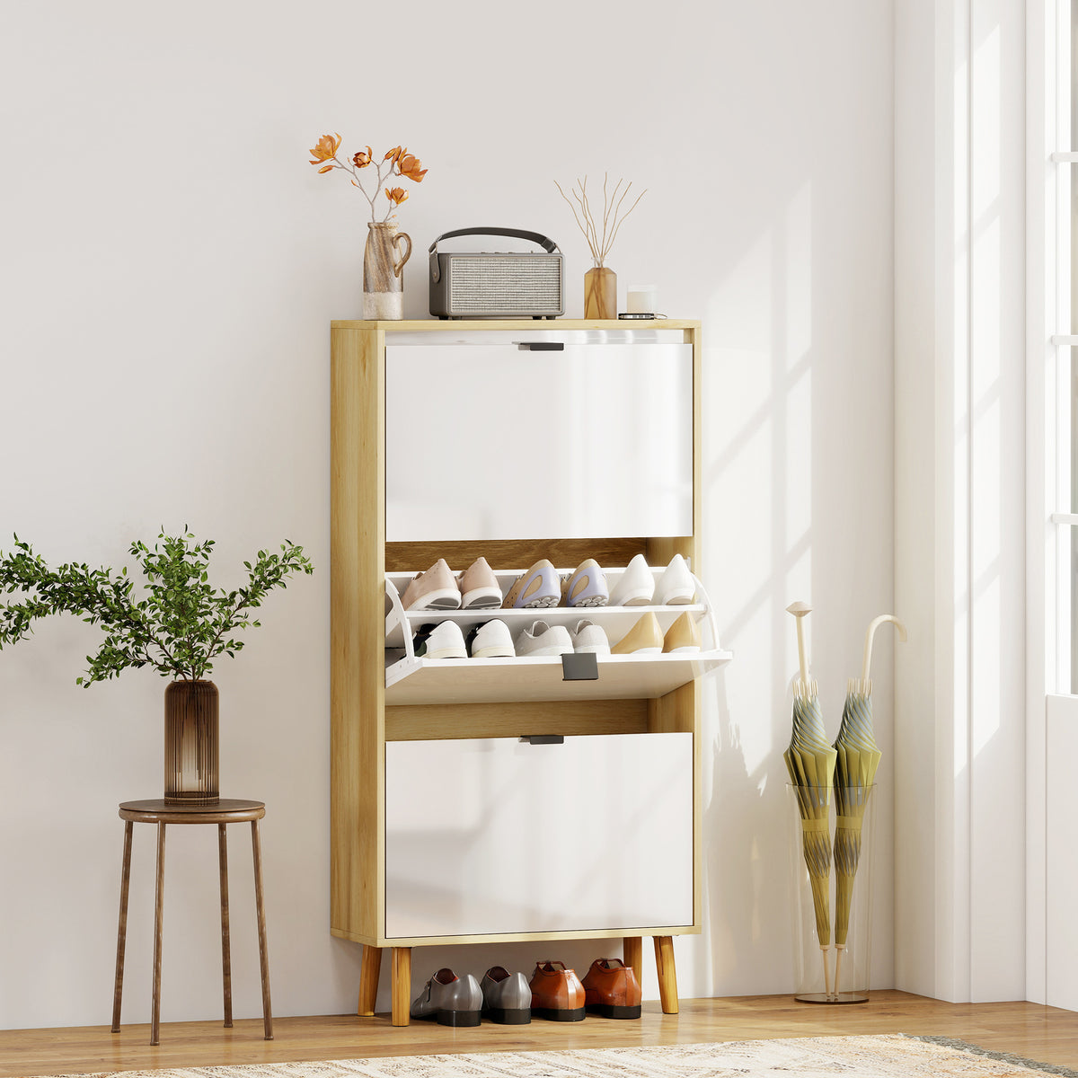 Meuble à chaussures, armoire à chaussures étroite, 3 tiroirs rabattables, porte haute brillante, 60x24x127cm, blanc-1