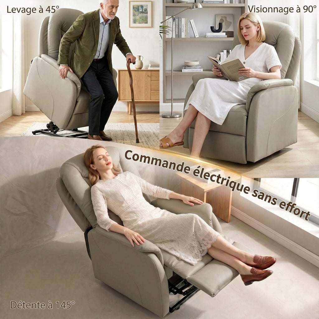 Fauteuil Releveur Électrique Massage Vibration et Chaleur, Fauteuil Relax Électrique en PU, Dossier Inclinable, Gris-4