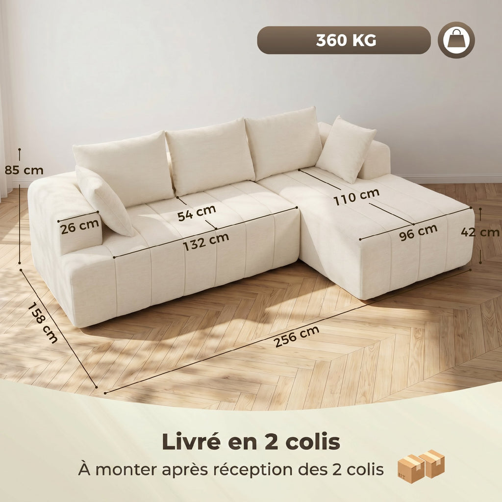 Canapé d'angle 256 cm avec méridienne, canapé-lit 3 places en chenille forme de L, assise et accoudoirs larges, beige-2