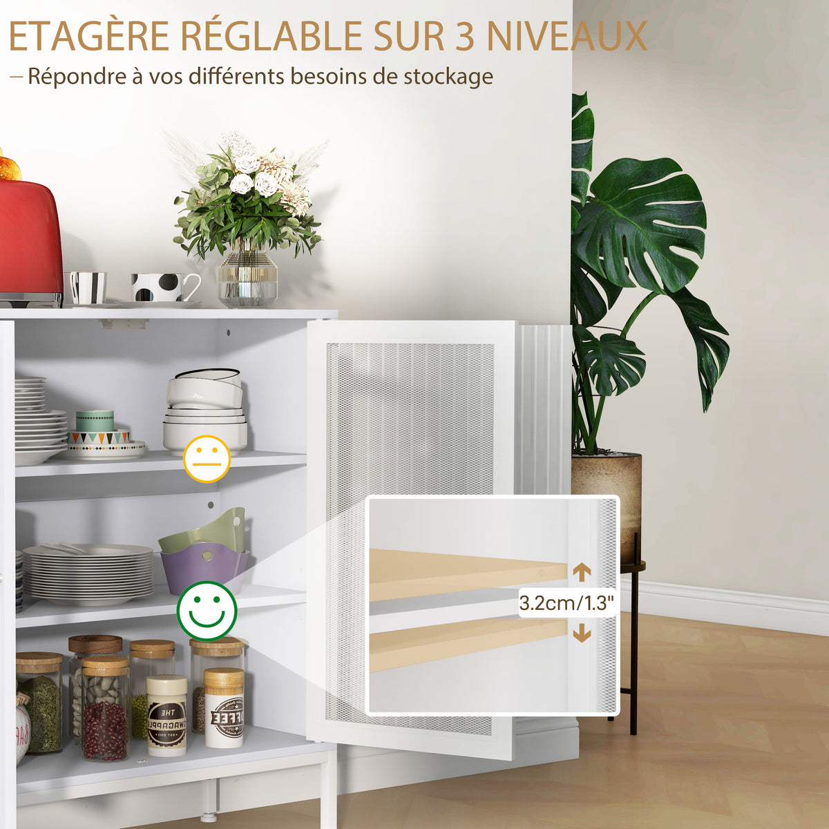 Buffet meuble de cuisine à 3 niveaux avec 2 portes grillagées avec étagère réglable 80 x 37 x 92 cm blanc-4