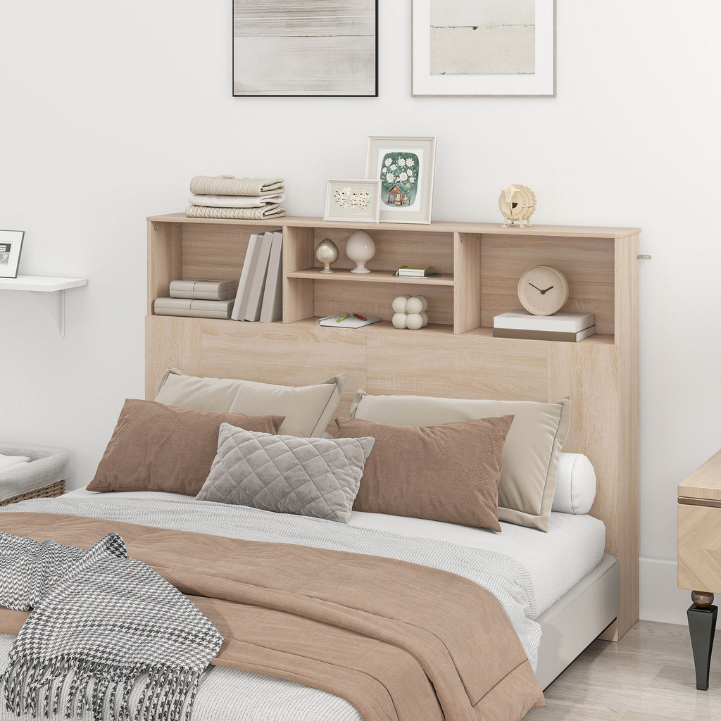Tête de lit sur pied avec rangements, accessoire de lit 4 compartiments ouverts, 140 x 19 x 103,5 cm, effet bois naturel-1