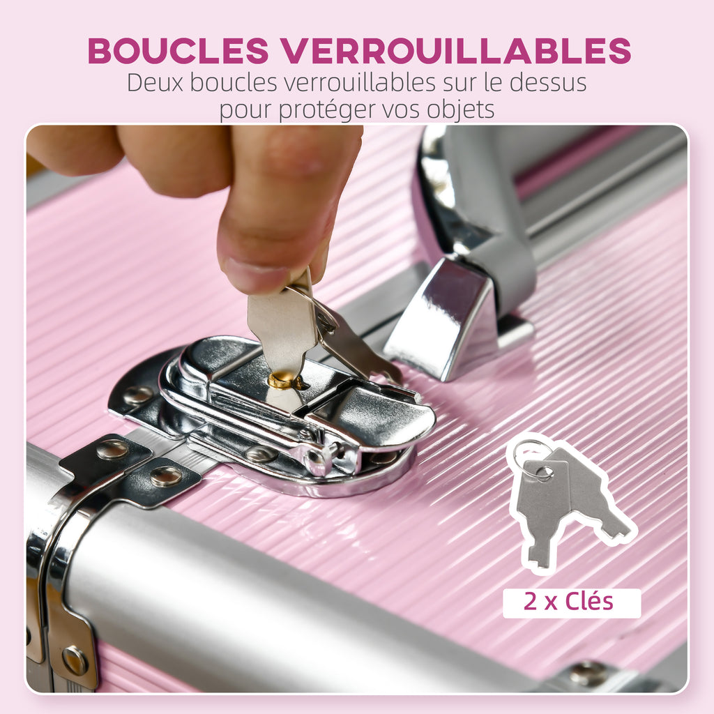 Valise trolley maquillage mallette cosmétique vanity poignée télescopique réglable 36L x 23l x 58H cm alu ABS rose-5