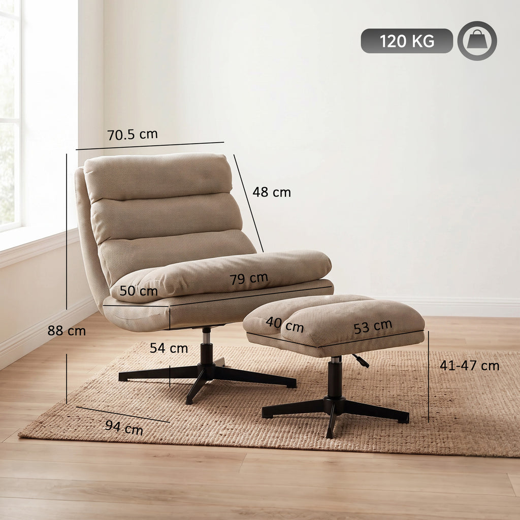 Fauteuil de Salon avec Repose-Pied Réglable, Rotation 360°, Fauteuil d'Appoint Capitonné en Lin, Assise Large, Marron-2