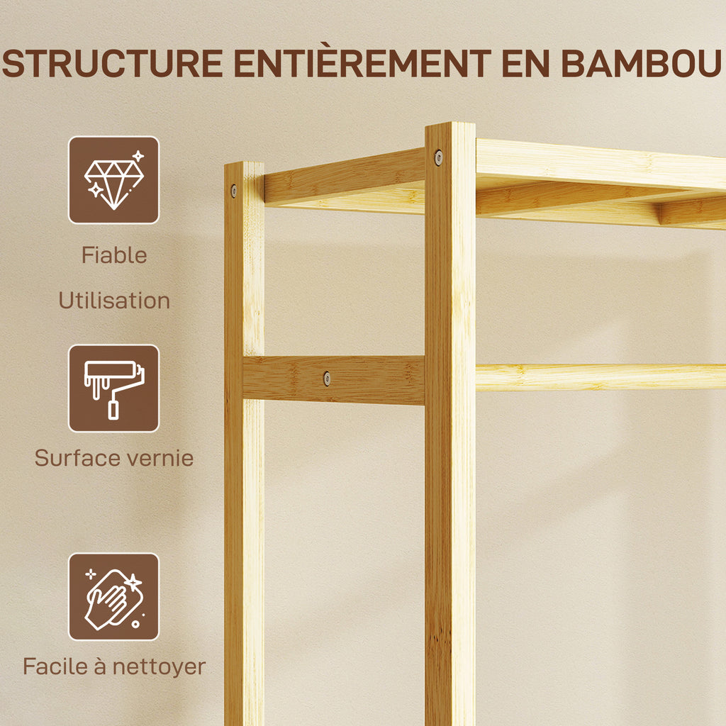 Portant à vêtements à roulettes, porte-manteau en bambou avec 2 étagères et tringle suspendue, 70x35x175cm, bois naturel-4
