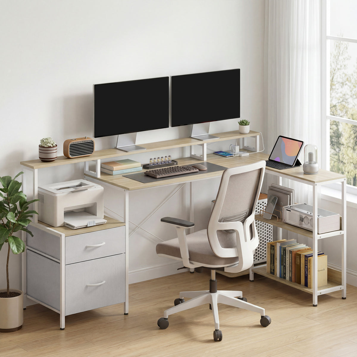 Bureau d'angle avec prises et lumières LED RGB, bureau d'ordinateur, 172 x 100 cm, support d'écran, 2 tiroirs, blanc-7