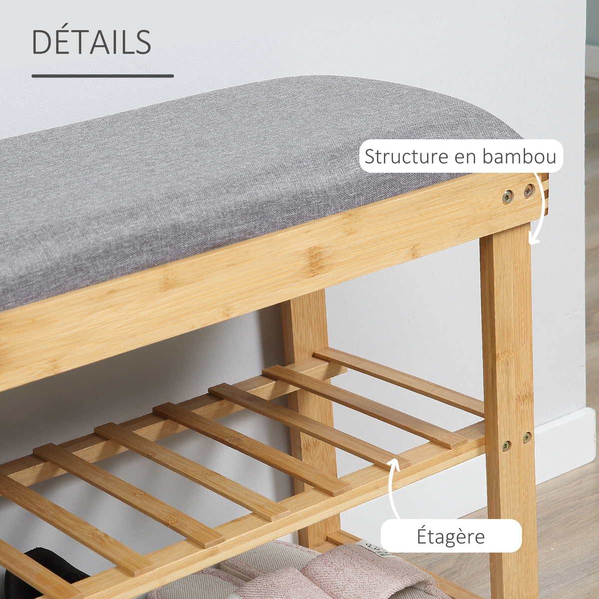 Meuble à Chaussures Banc à Chaussures 2 étagères Coussin Gris intégré Bambou-4