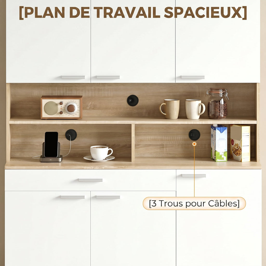Buffet haut cuisine, armoire de cuisine, 6 portes, tiroir et étagères ouvertes, 120x40x175cm, blanc et bois naturel-4