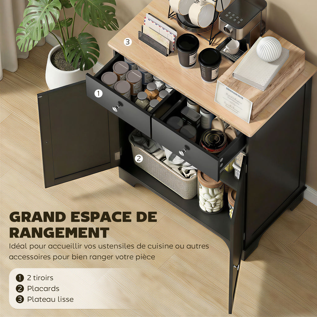 Meuble de rangement buffet salon avec placards, 2 tiroirs et étagères réglables, 68x40,3x85cm, noir et bois naturel-3