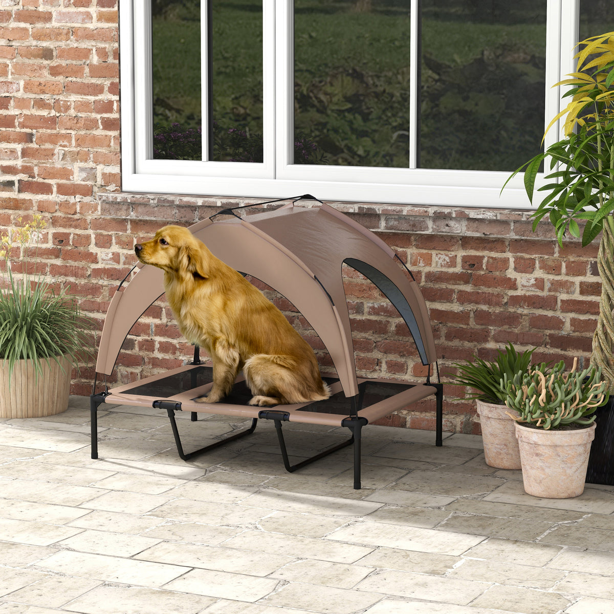 Lit pour chien chat sur pieds lit chien surélevé velum anti-UV oxford sac de transport 106 x 76 x 94 cm café-1