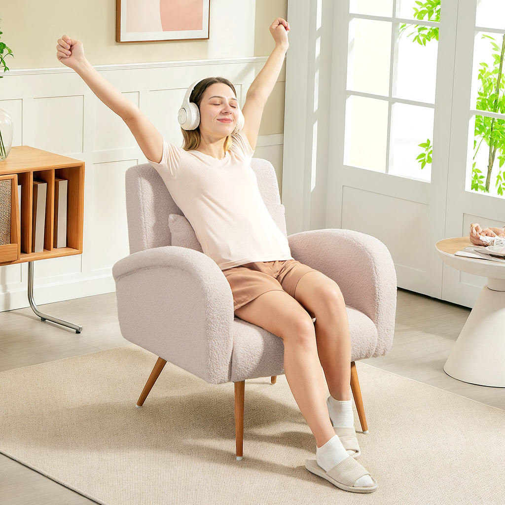 Fauteuil de salon en tissu Teddy, chaise rembourrée, assise large, coussin lombaire, pieds en métal effet bois, beige-7