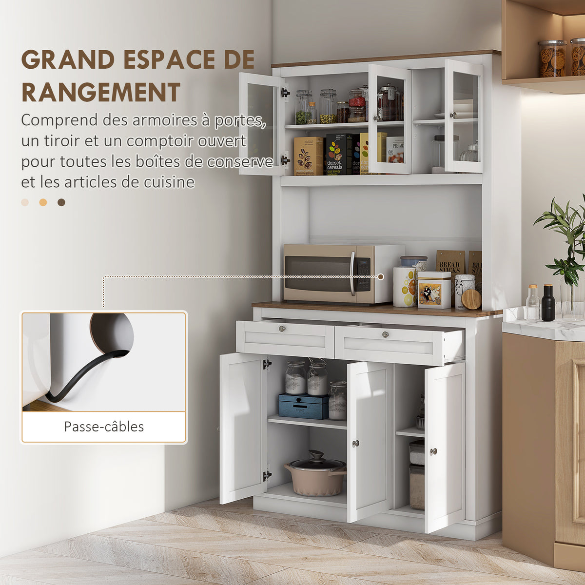 Buffet haut cuisine, armoire de cuisine, 6 portes, 2 tiroirs, plan de travail, étagères réglables, 100x40x180cm, blanc-3