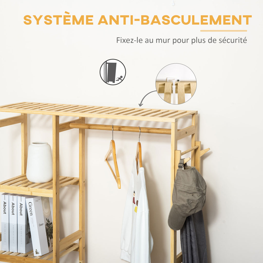Portant à Vêtements Bambou Penderie Porte-Manteaux avec étagères, Tringle et 2 patères - dim. 90L x 30P x 155H cm-6