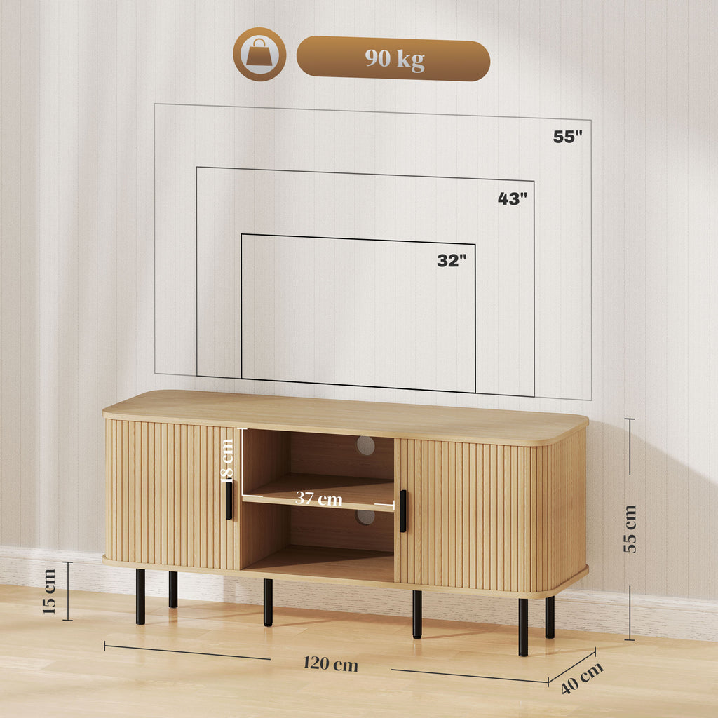 Meuble TV avec 2 portes tambour à lamelles design scandinave pour télévision jusqu'à 55 pouces 120 cm ton chêne-2