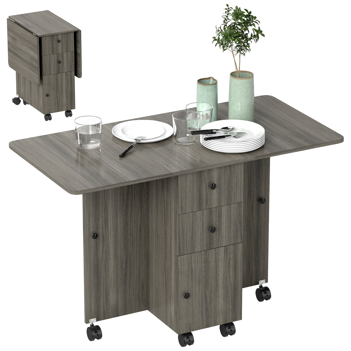Table de cuisine pliable table à manger pliante 2 plateaux rabattables avec 2 tiroirs 1 placard gris-0