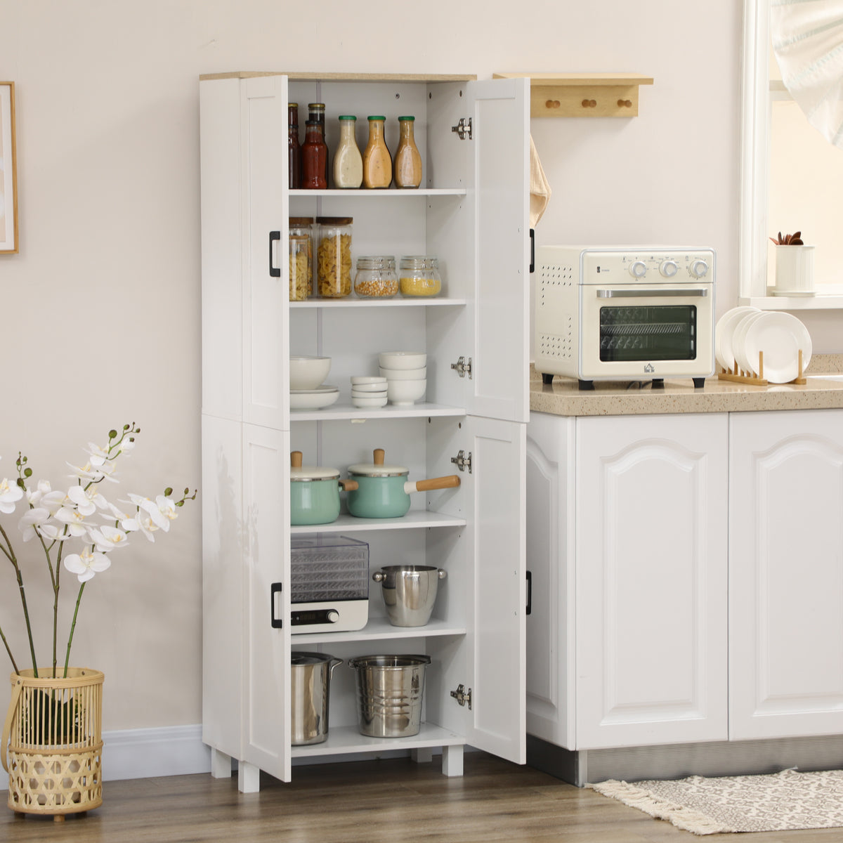 Armoire de cuisine hauteur 170 cm buffet haut avec 4 portes et étagères ajustable, design moderne, blanc-1