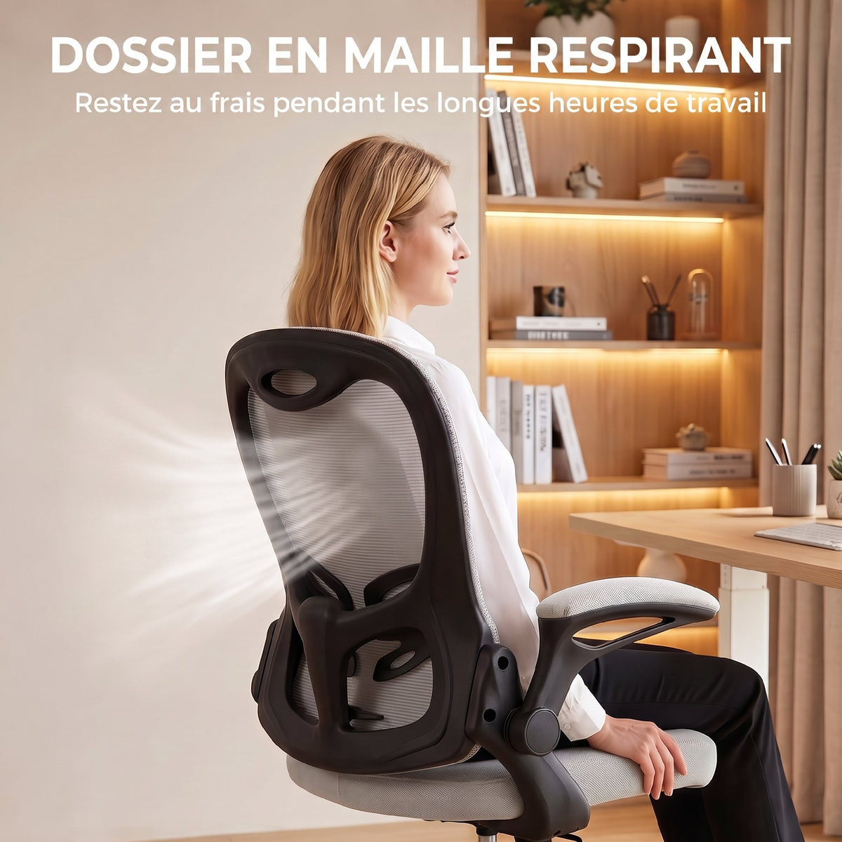 Chaise Bureau Ergonomique, Fauteuil de Bureau Maille, Accoudoirs Relevables, Hauteur Réglable, Fonction Bascule, Gris-5