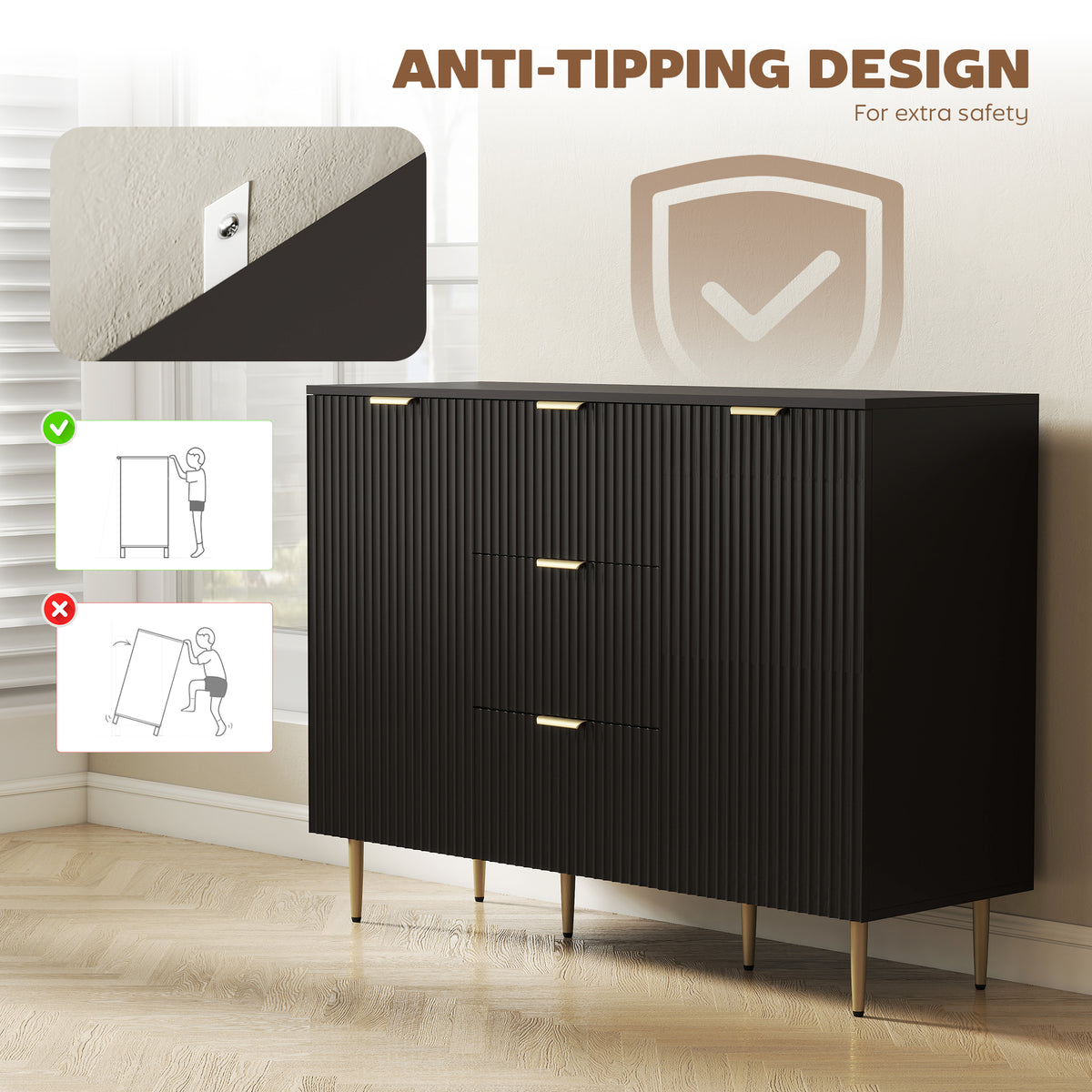 Buffet meuble cuisine rangement avec 3 tiroirs, étagères réglables, placards à portes cannelées, 120 x 40 x 90 cm, noir-7