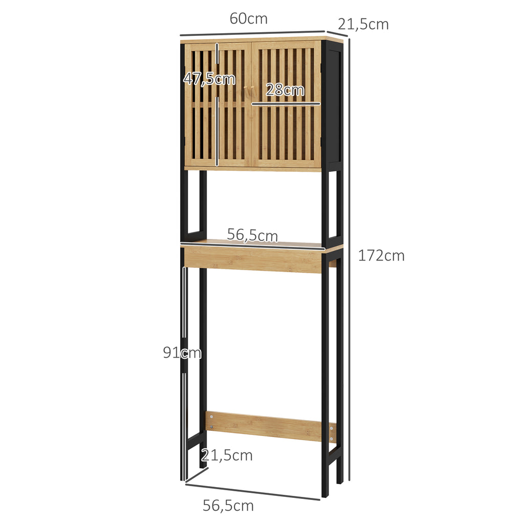 Étagère de toilettes meuble de salle de bain dessus toilette WC avec placard 2 portes et étagère ouverte bambou-2