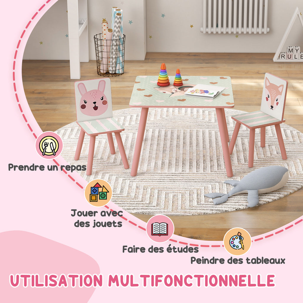 Ensemble table et chaises pour enfants, table pour enfant avec 2 chaises, motif animaux pour chambre à coucher rose-3