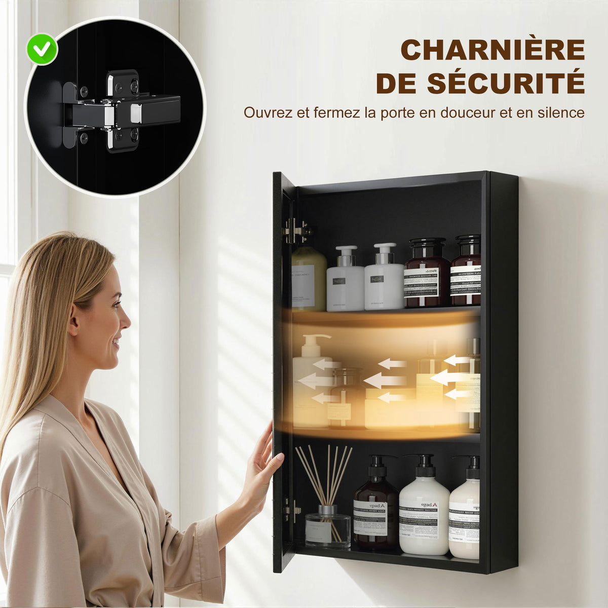 Armoire miroir de salle de bain armoire murale armoire à glace avec 1 porte et 2 étagères en acier 40 x 12 x 60 cm noir-5