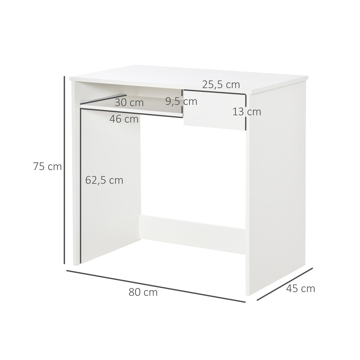 Bureau d'Ordinateur, 80 x 45 x 75 cm, Bureau avec Rangement, Plateau pour Clavier et Tiroir, Blanc-2