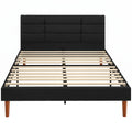 Cadre de Lit 140 x 200 cm avec Sommier Bois, Lit Double Rembourré en Effet Lin, Rangement au-dessous, Sans Bruit, Noir-0