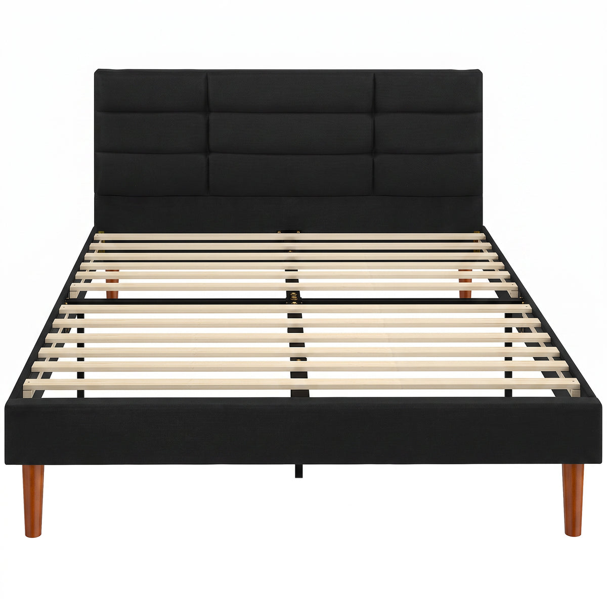 Cadre de Lit 140 x 200 cm avec Sommier Bois, Lit Double Rembourré en Effet Lin, Rangement au-dessous, Sans Bruit, Noir-0