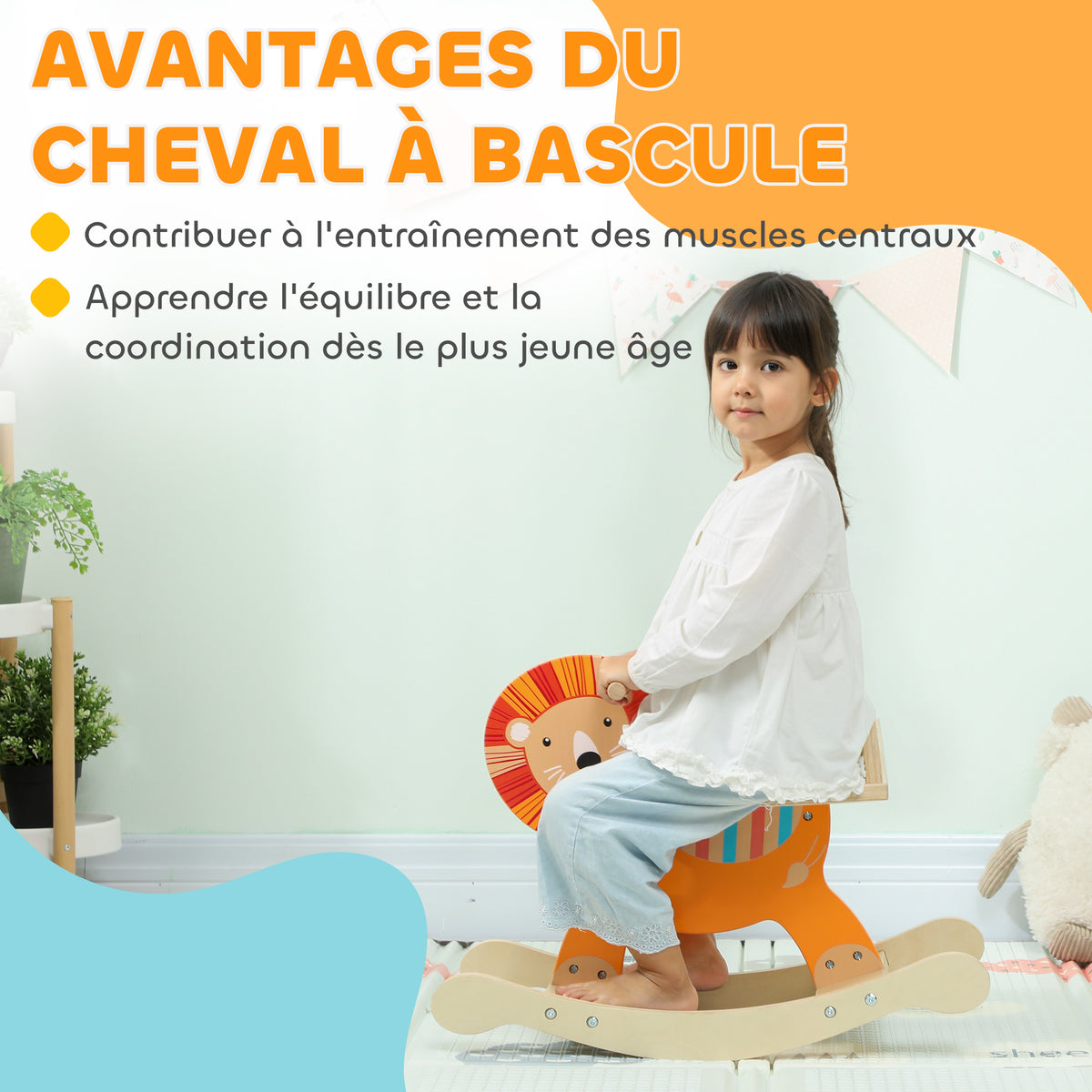 Cheval à bascule pour enfants, lion jouet à bascule bébé en bois avec guidon et base stable, 59 x 27 x 43 cm, orange-3