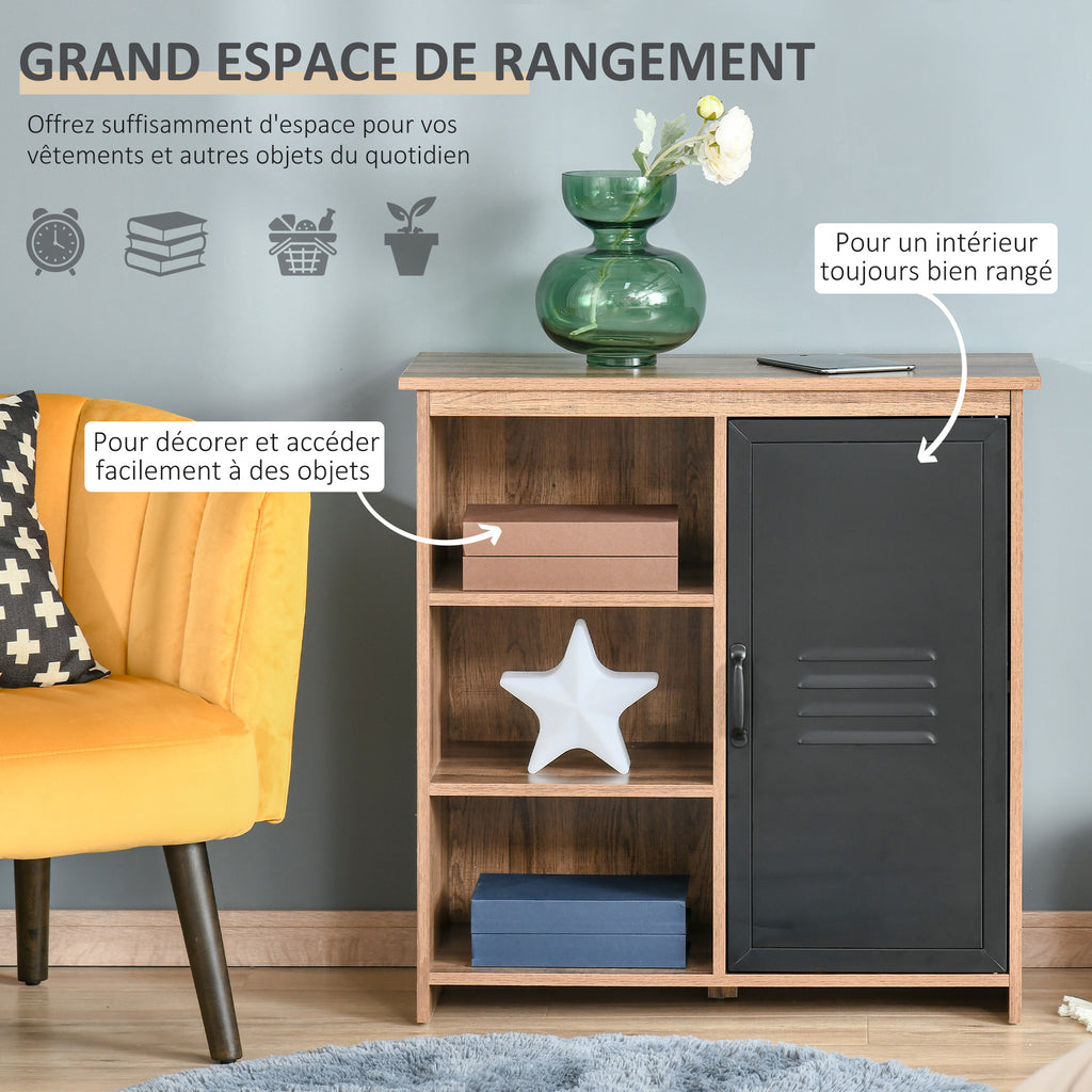Buffet Industriel - Meuble de Rangement sur pied 3 niches Placard - en Bois et Porte métal Noir-3