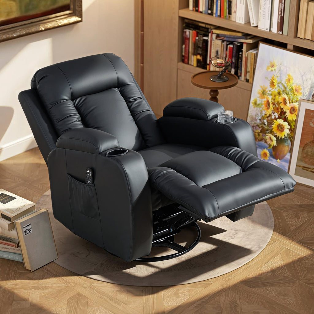 Fauteuil inclinable de massage et chauffage, fauteuil de relaxation, dossier réglable, pivotant 360°, 82x99x103cm, noir-8