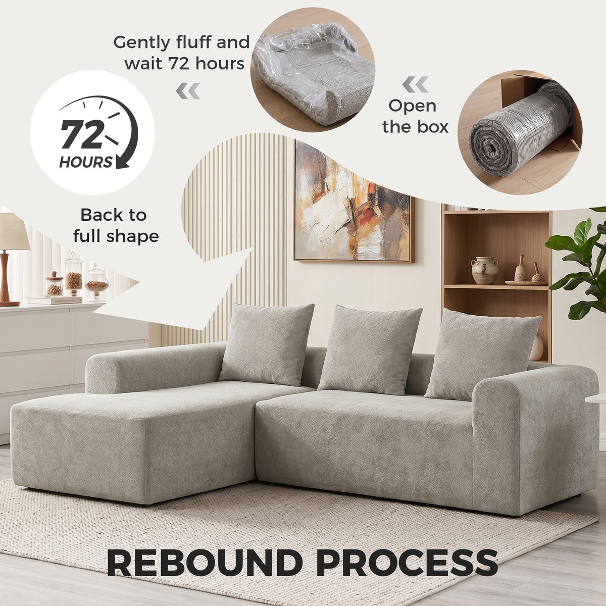 Canapé d'Angle en Chenille, Canapé 3 Places en L 242 cm avec Méridienne, Assise Profonde, Accoudoirs Larges, Gris Clair-7