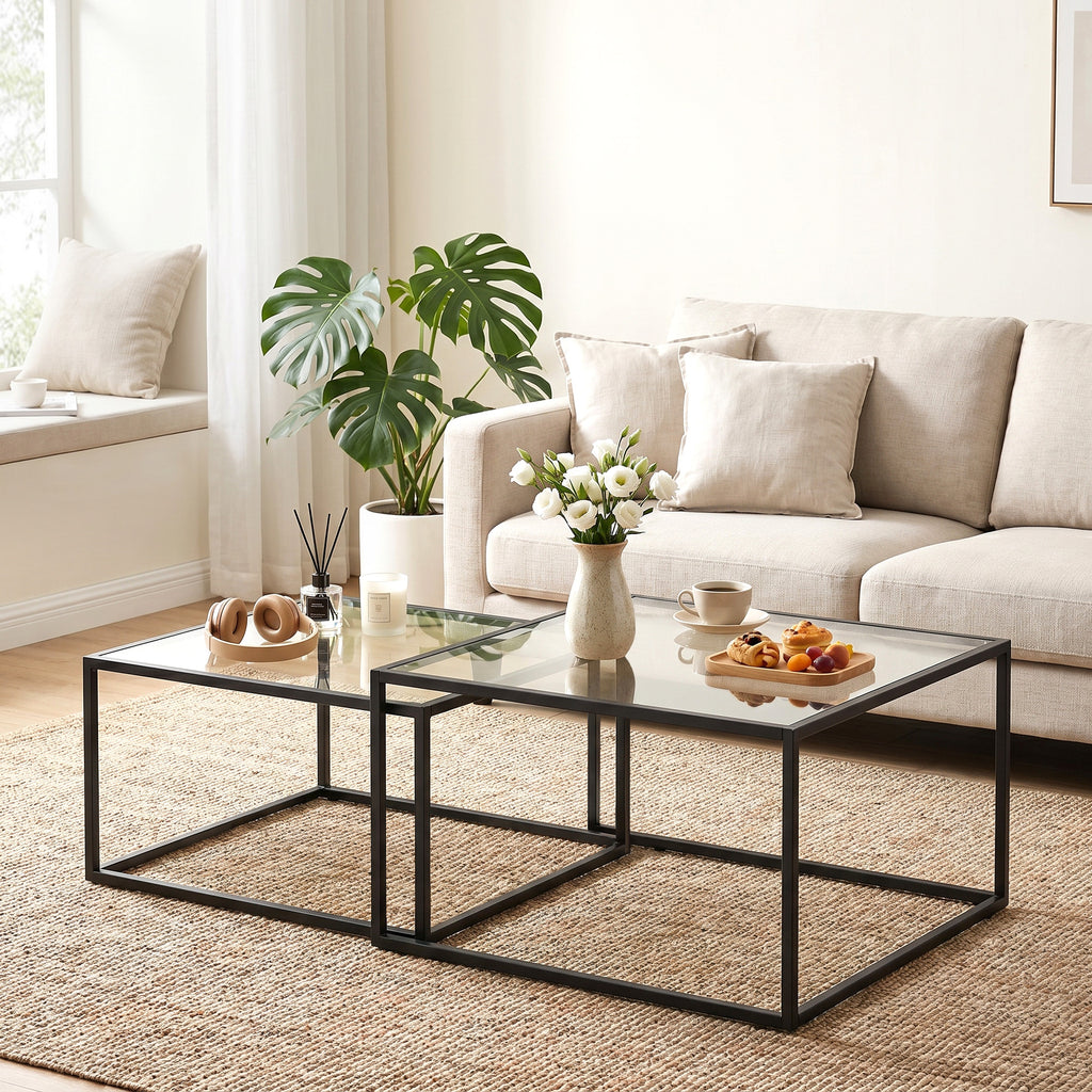 Lot de 2 tables basses gigognes, table de salon avec plateau en verre trempé et structure en métal, noir-1