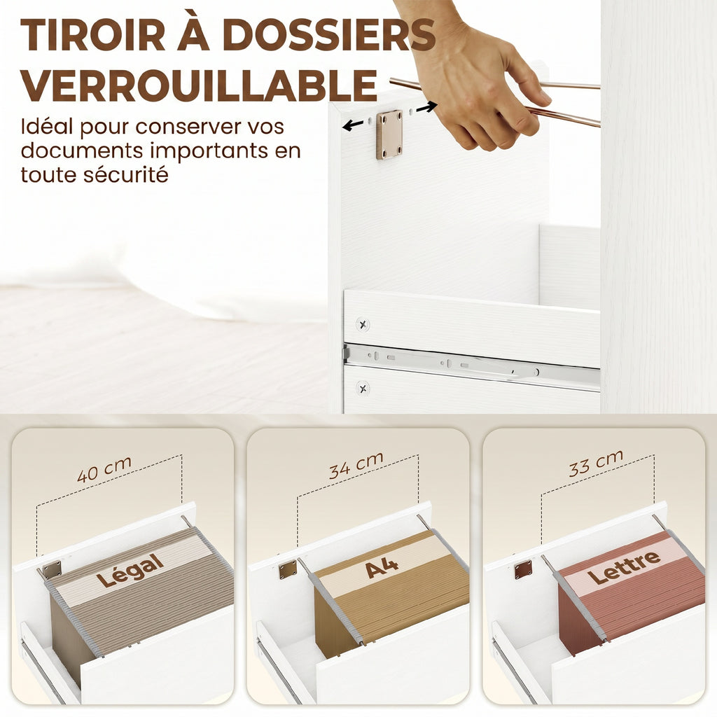 Bureau d'ordinateur avec bibliothèque 4 compartiments et tiroir verrouillable, 126 x 50 x 109 cm, grain de bois blanc-4