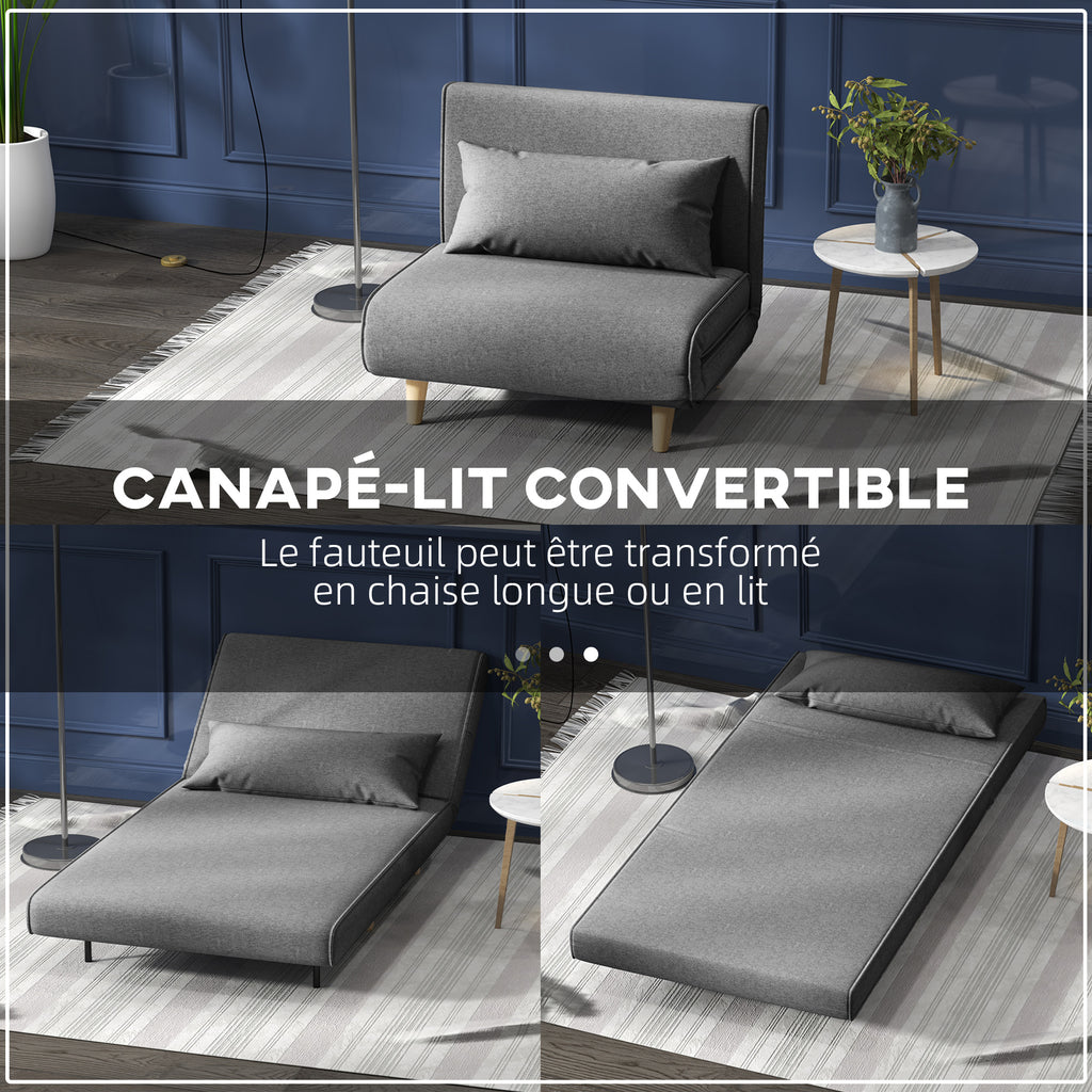 Fauteuil convertible 1 place, fauteuil-lit chauffeuse 3 en 1, dossier réglable, oreiller, tissu en lin, 94x78x80cm, gris-3