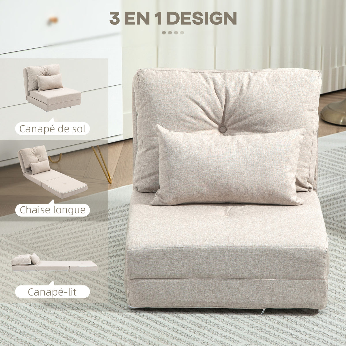 Chauffeuse canapé-lit convertible fauteuil 1 place avec 1 coussin avec dossier réglable, beige-4