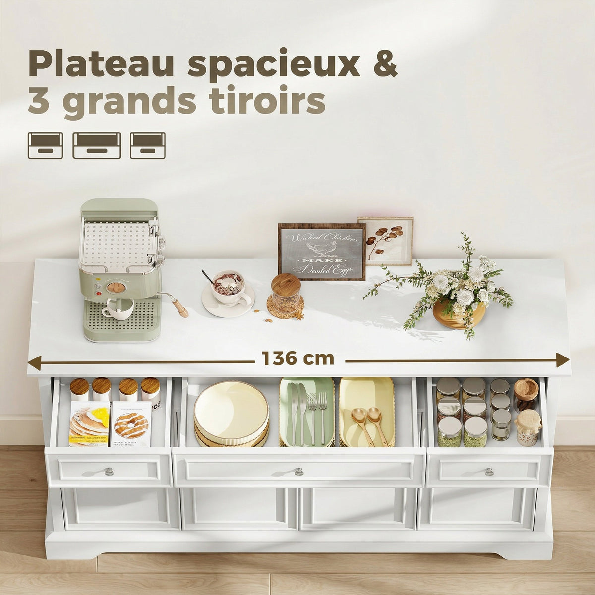 Buffet salon, meuble de rangement avec 3 tiroirs, 4 portes à fermeture douce et étagères réglables, blanc-4