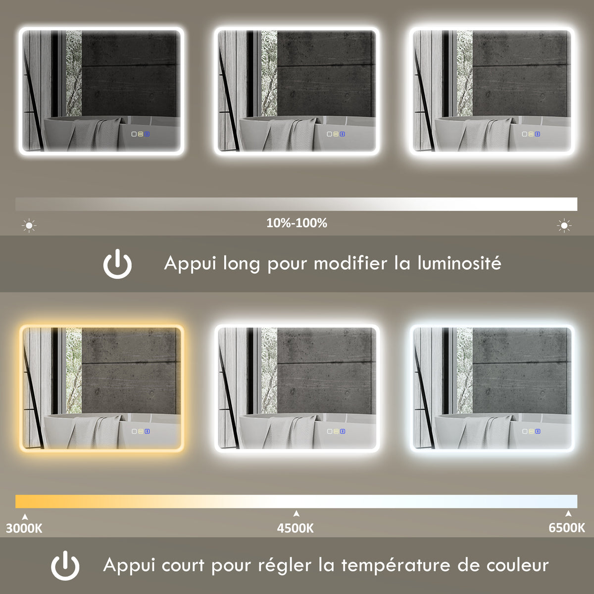 Miroir salle de bain LED bluetooth 70 x 90 cm interrupteur tactile lumière réglable 3 couleurs anti-buée mémoire argent-5