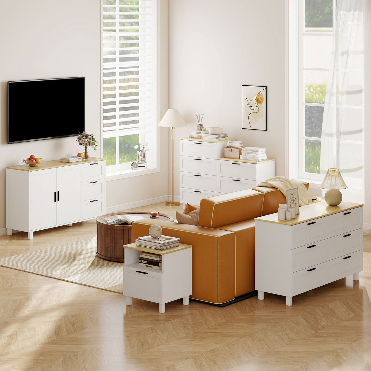 Buffet salon, meuble de rangement, double porte à fermeture amortie, 3 tiroirs et étagère réglable, 120x38x76cm, blanc-8